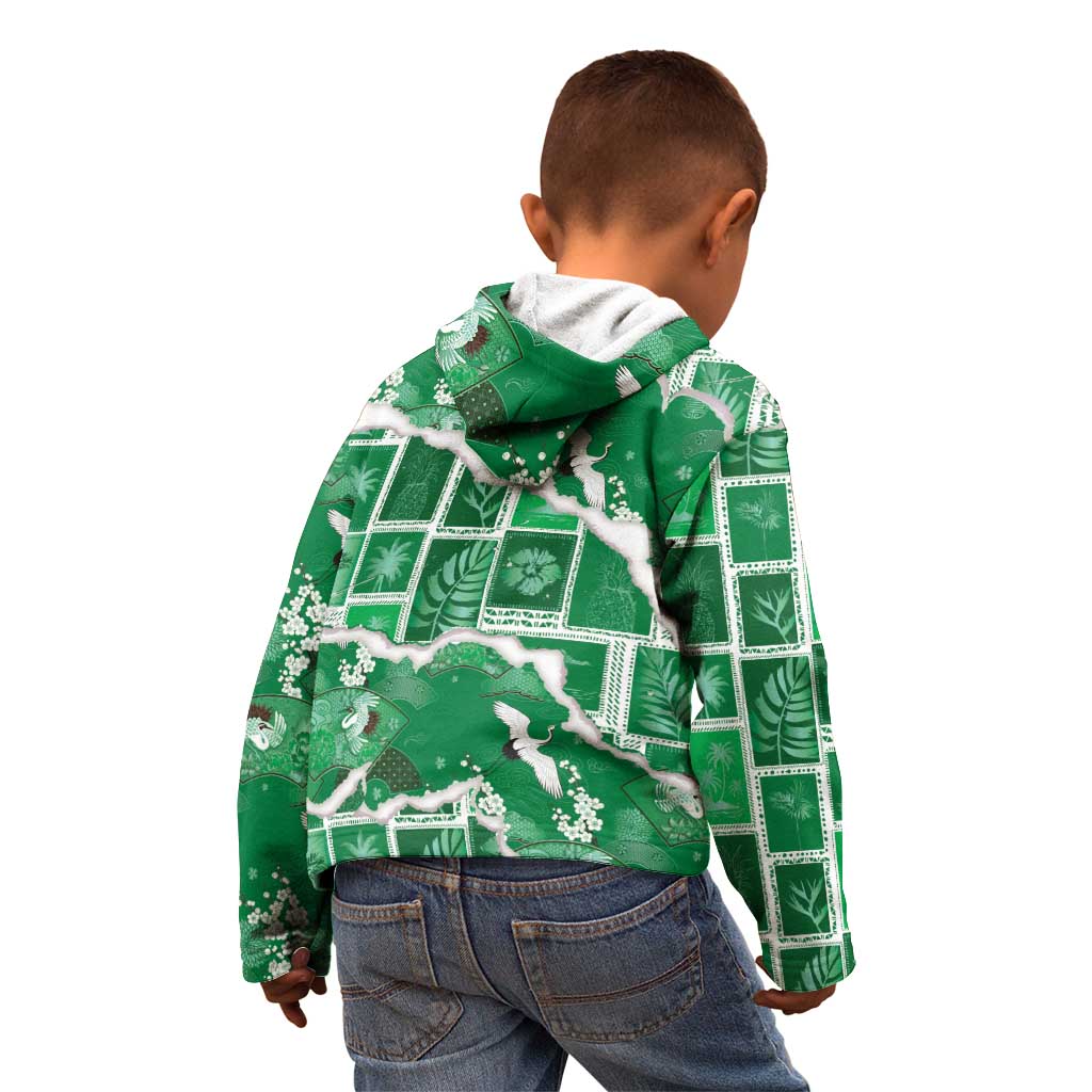 Hawaii Japanese Culture Green Kid Hoodie Spring Cranes Aloha Pattern LT01 - Polynesian Pride