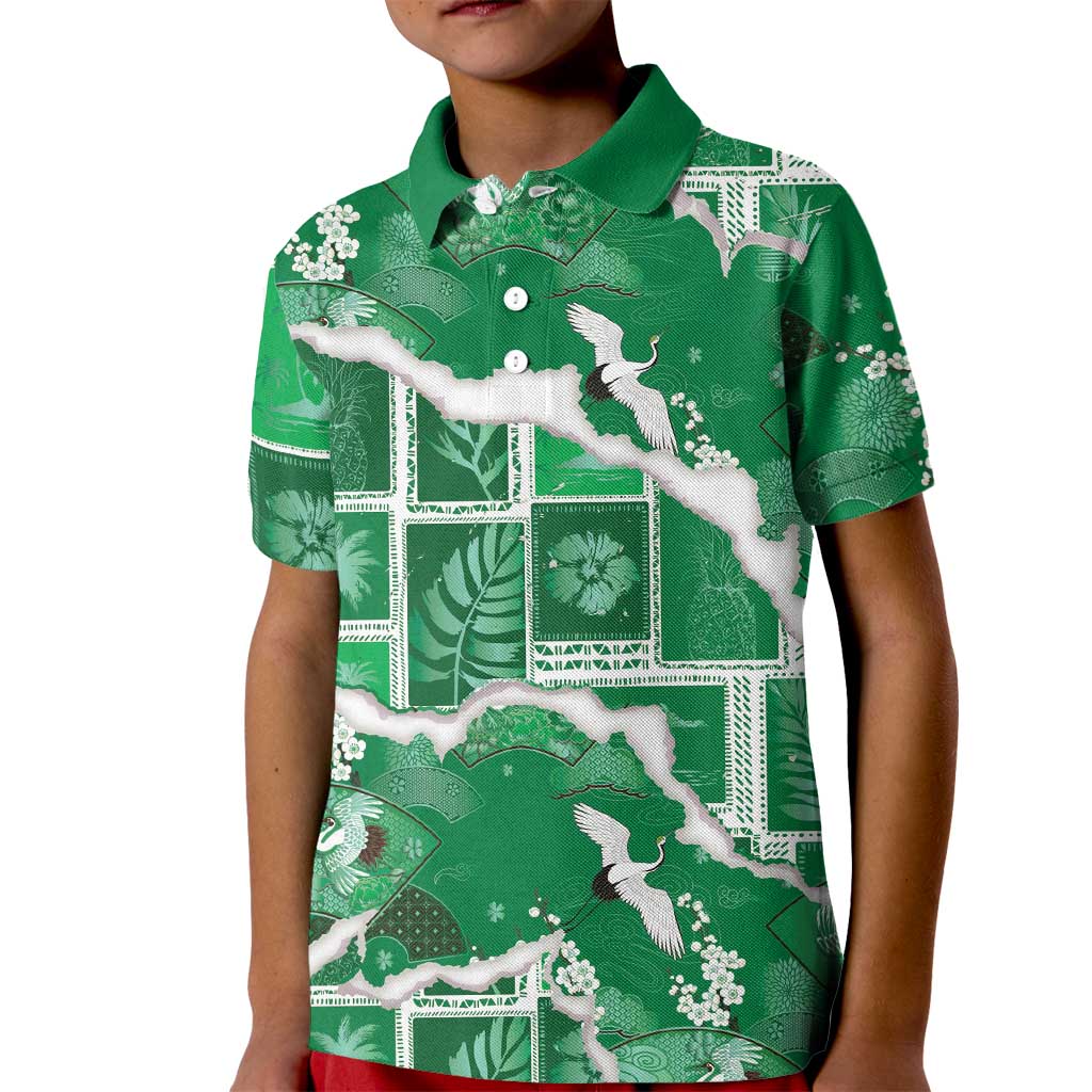Hawaii Japanese Culture Green Kid Polo Shirt Spring Cranes Aloha Pattern LT01 Kid Green - Polynesian Pride