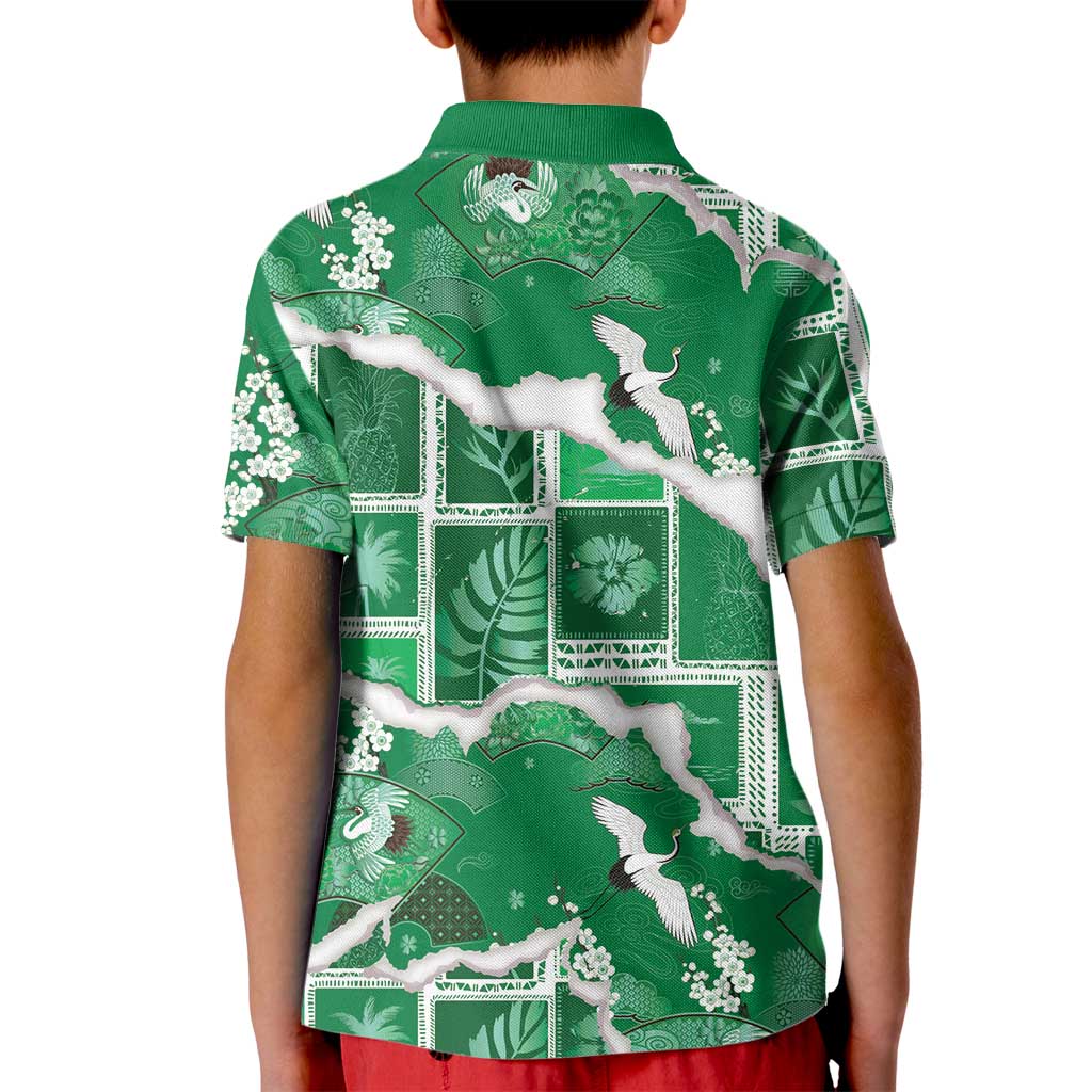 Hawaii Japanese Culture Green Kid Polo Shirt Spring Cranes Aloha Pattern LT01 - Polynesian Pride
