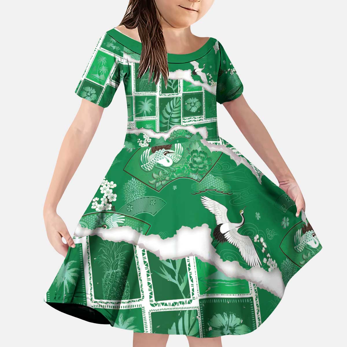 Hawaii Japanese Culture Green Kid Short Sleeve Dress Spring Cranes Aloha Pattern