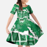 Hawaii Japanese Culture Green Kid Short Sleeve Dress Spring Cranes Aloha Pattern