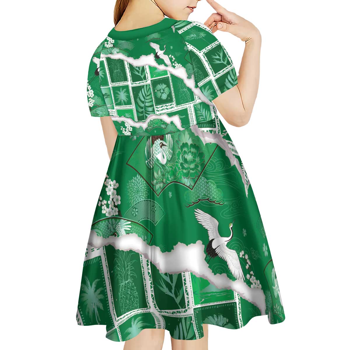 Hawaii Japanese Culture Green Kid Short Sleeve Dress Spring Cranes Aloha Pattern