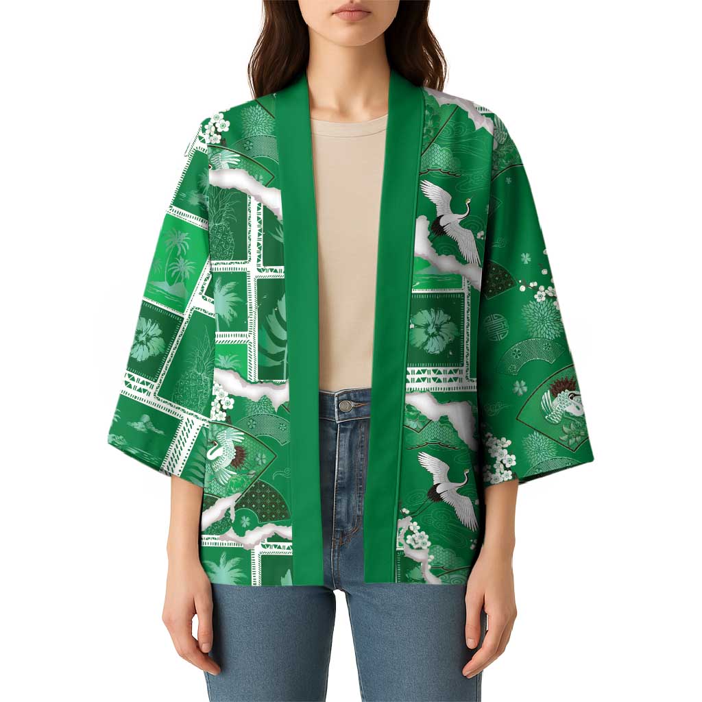 Hawaii Japanese Culture Green Kimono Spring Cranes Aloha Pattern LT01 - Polynesian Pride