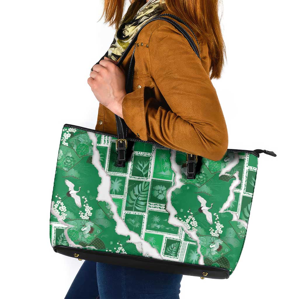 Hawaii Japanese Culture Green Leather Tote Bag Spring Cranes Aloha Pattern LT01 Green - Polynesian Pride