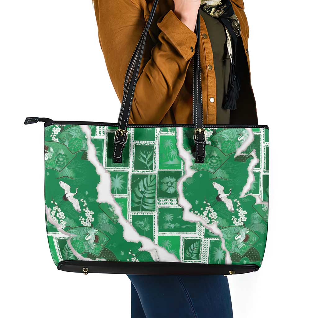 Hawaii Japanese Culture Green Leather Tote Bag Spring Cranes Aloha Pattern LT01 - Polynesian Pride