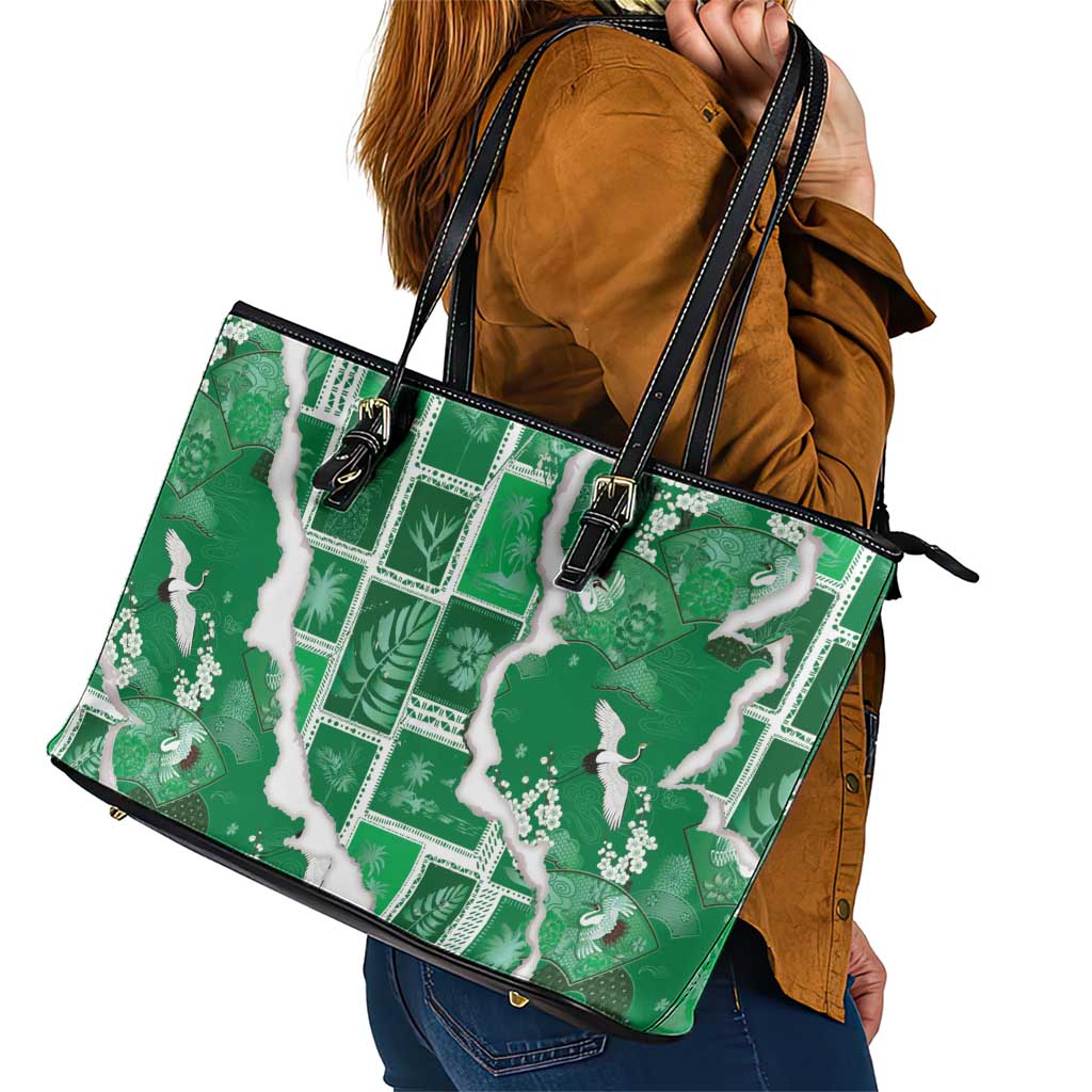 Hawaii Japanese Culture Green Leather Tote Bag Spring Cranes Aloha Pattern LT01 - Polynesian Pride