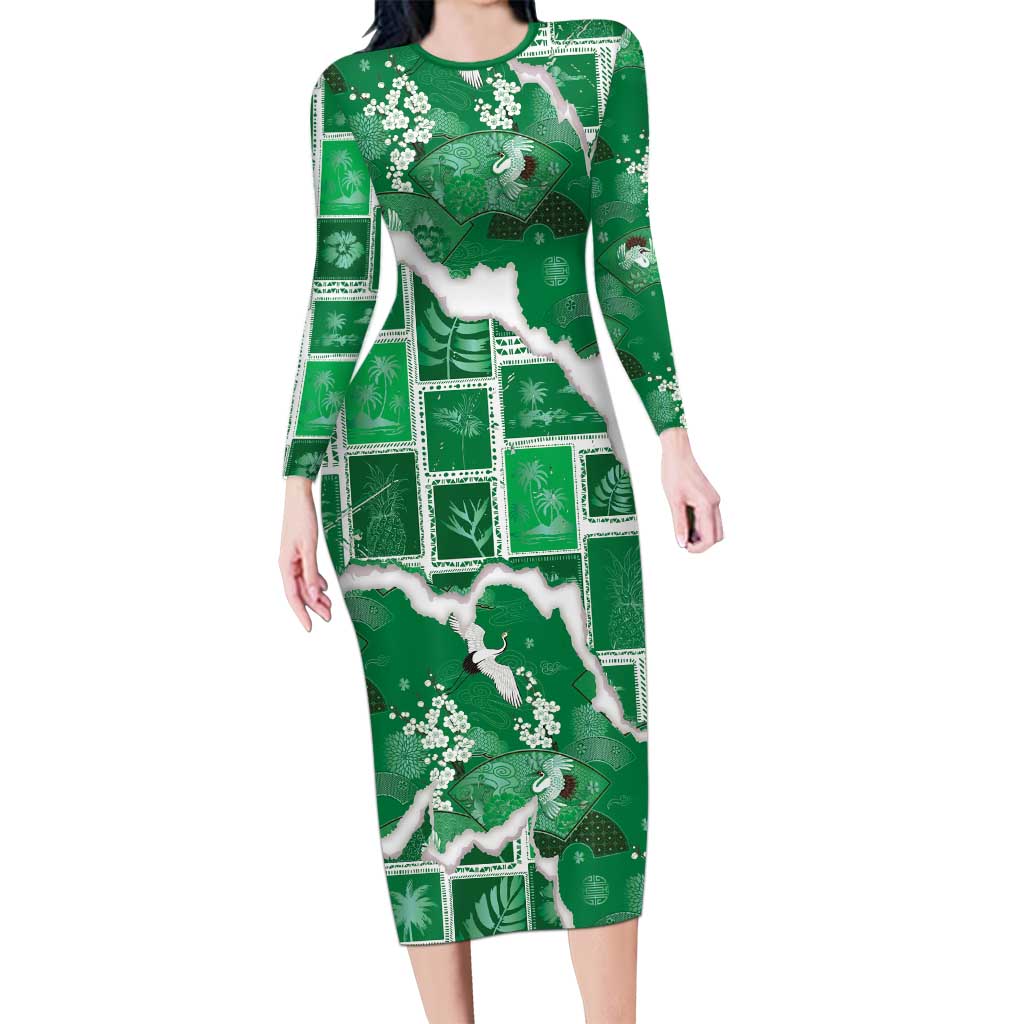 Hawaii Japanese Culture Green Long Sleeve Bodycon Dress Spring Cranes Aloha Pattern LT01 Long Dress Green - Polynesian Pride
