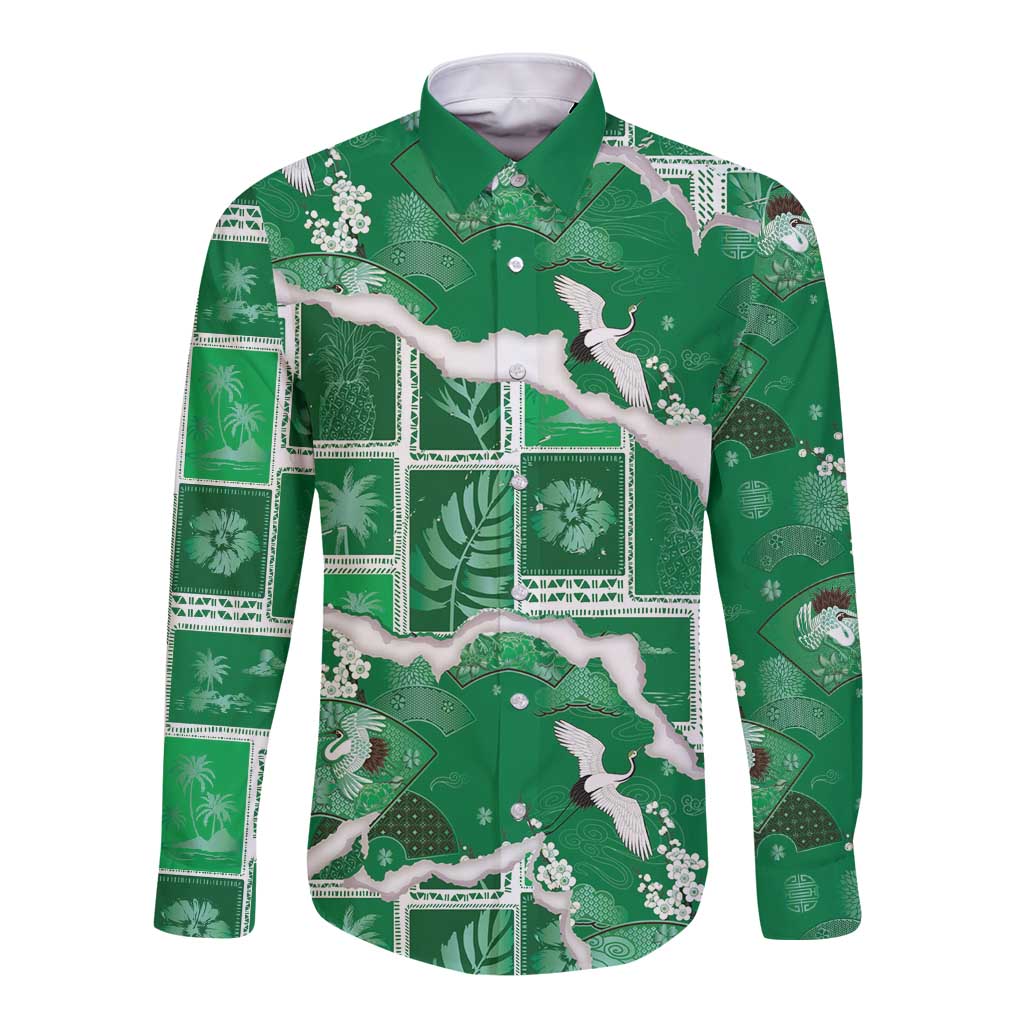 Hawaii Japanese Culture Green Long Sleeve Button Shirt Spring Cranes Aloha Pattern LT01 Unisex Green - Polynesian Pride