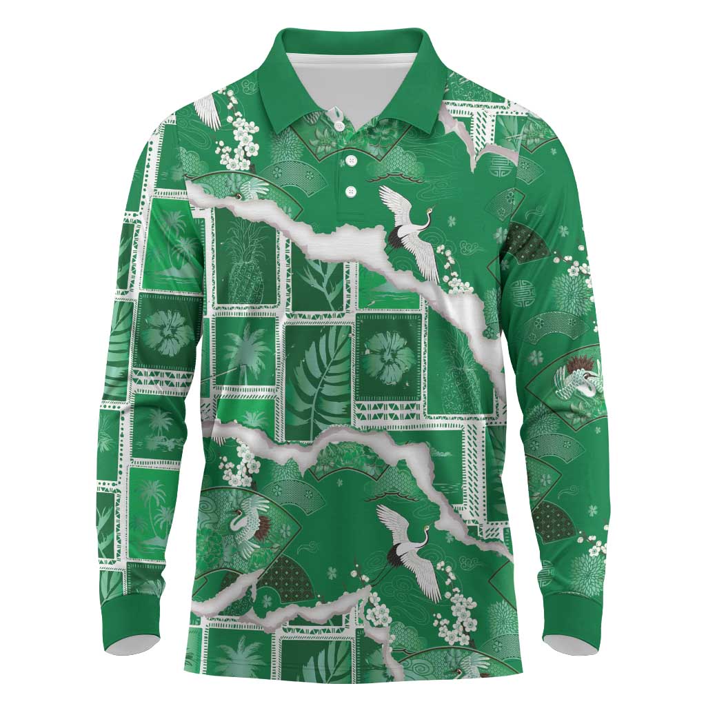 Hawaii Japanese Culture Green Long Sleeve Polo Shirt Spring Cranes Aloha Pattern LT01 Green - Polynesian Pride