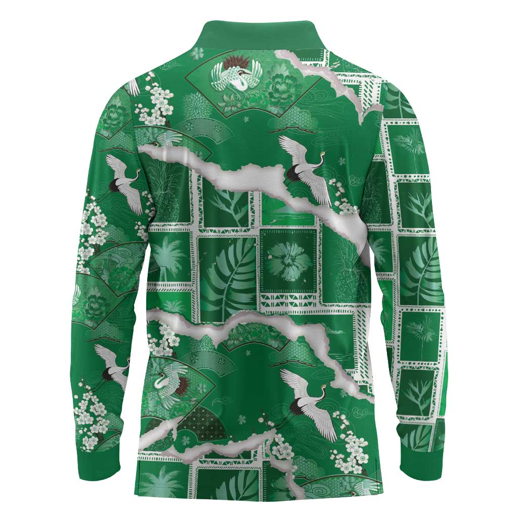 Hawaii Japanese Culture Green Long Sleeve Polo Shirt Spring Cranes Aloha Pattern LT01 - Polynesian Pride