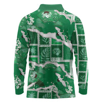 Hawaii Japanese Culture Green Long Sleeve Polo Shirt Spring Cranes Aloha Pattern LT01 - Polynesian Pride