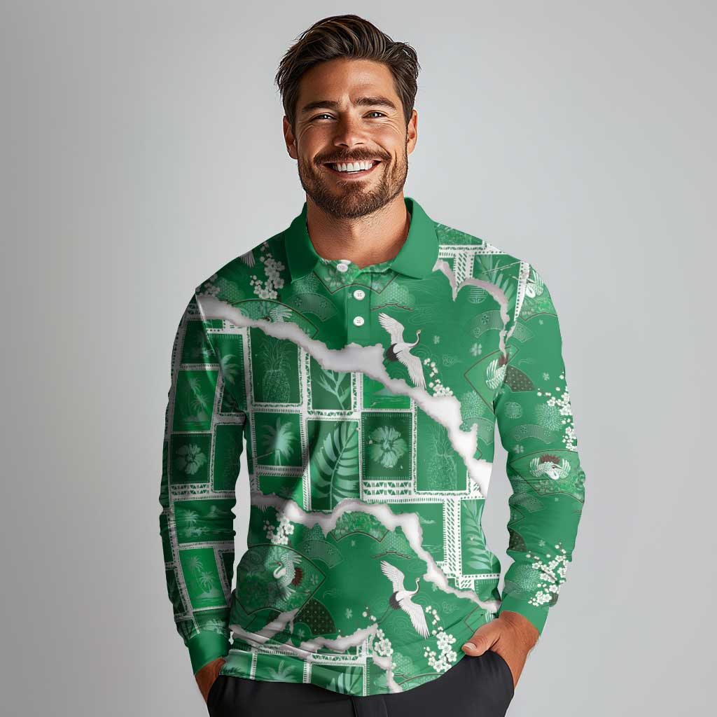 Hawaii Japanese Culture Green Long Sleeve Polo Shirt Spring Cranes Aloha Pattern LT01 - Polynesian Pride