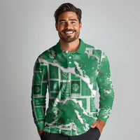 Hawaii Japanese Culture Green Long Sleeve Polo Shirt Spring Cranes Aloha Pattern LT01 - Polynesian Pride