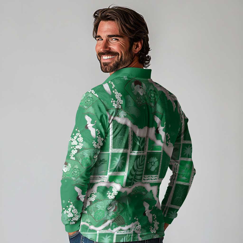 Hawaii Japanese Culture Green Long Sleeve Polo Shirt Spring Cranes Aloha Pattern LT01 - Polynesian Pride