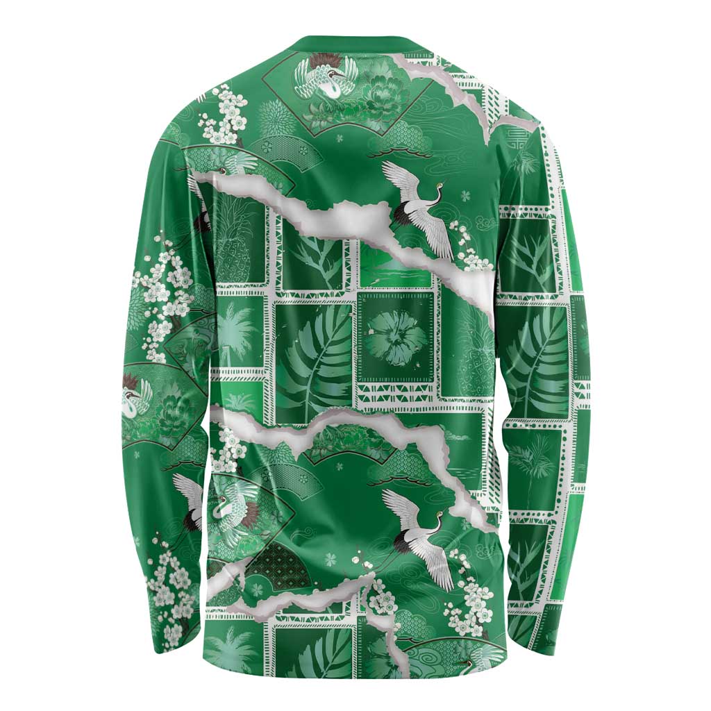 Hawaii Japanese Culture Green Long Sleeve Shirt Spring Cranes Aloha Pattern LT01 - Polynesian Pride