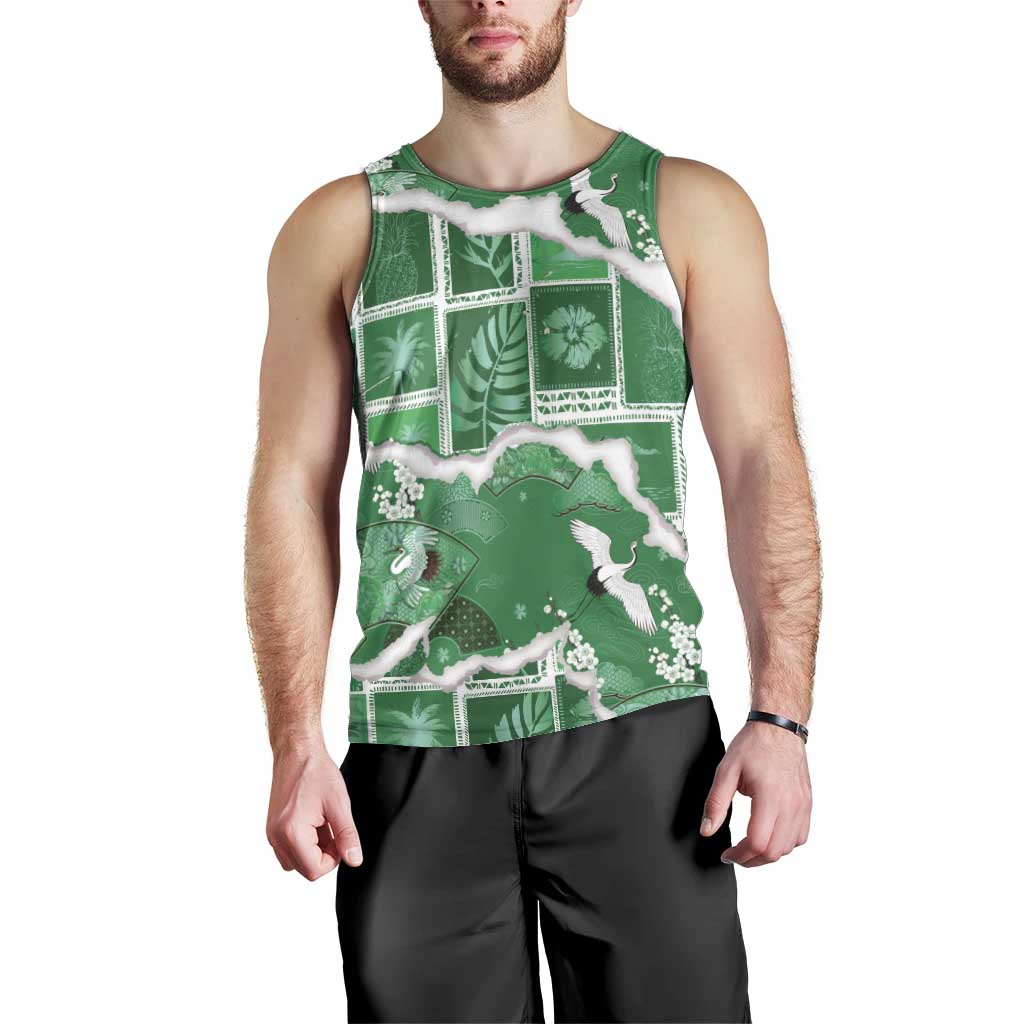 Hawaii Japanese Culture Green Men Tank Top Spring Cranes Aloha Pattern LT01 - Polynesian Pride