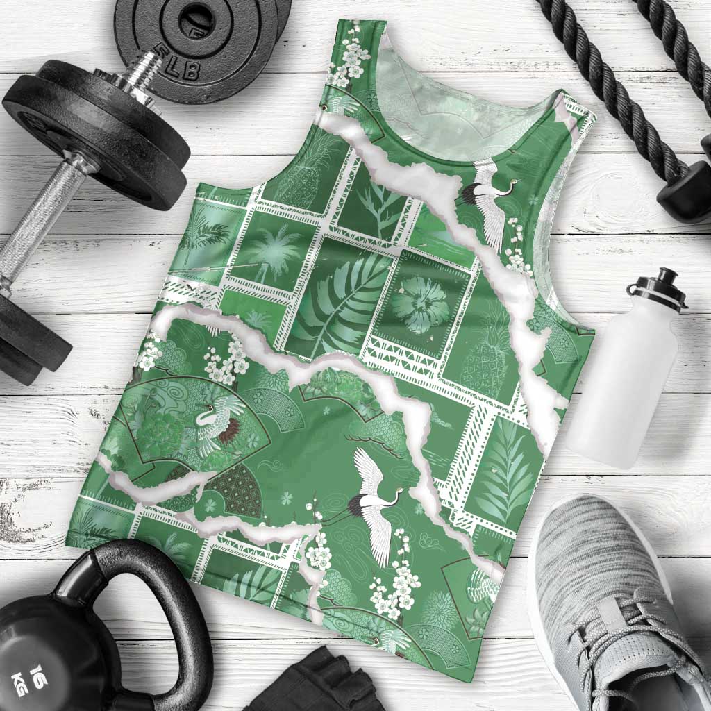 Hawaii Japanese Culture Green Men Tank Top Spring Cranes Aloha Pattern LT01 - Polynesian Pride