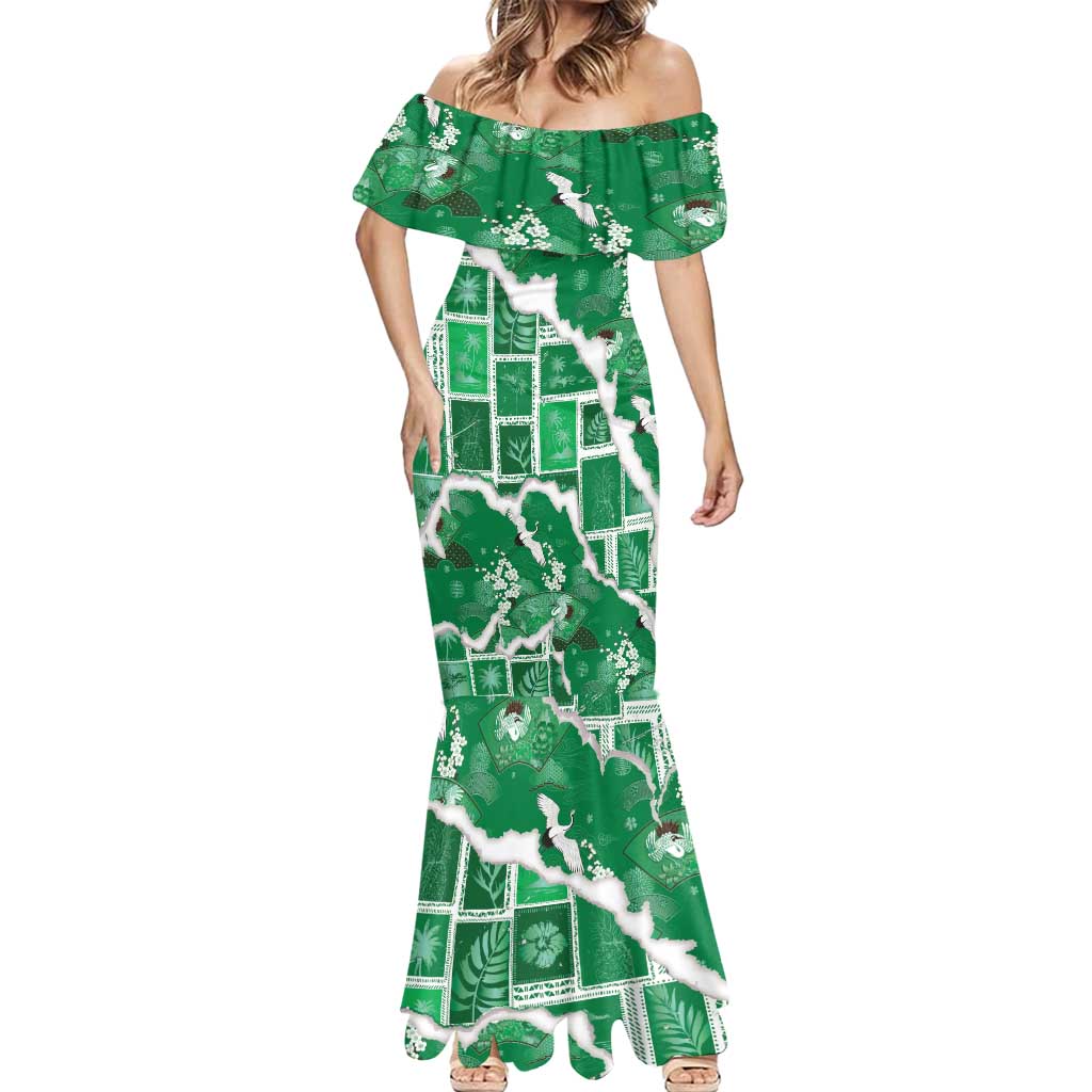 Hawaii Japanese Culture Green Mermaid Dress Spring Cranes Aloha Pattern LT01 - Polynesian Pride