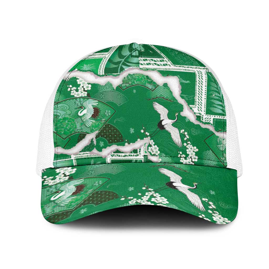 Hawaii Japanese Culture Green Mesh Trucker Cap Spring Cranes Aloha Pattern LT01 One Size White Green - Polynesian Pride