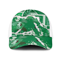 Hawaii Japanese Culture Green Mesh Trucker Cap Spring Cranes Aloha Pattern LT01 One Size White Green - Polynesian Pride