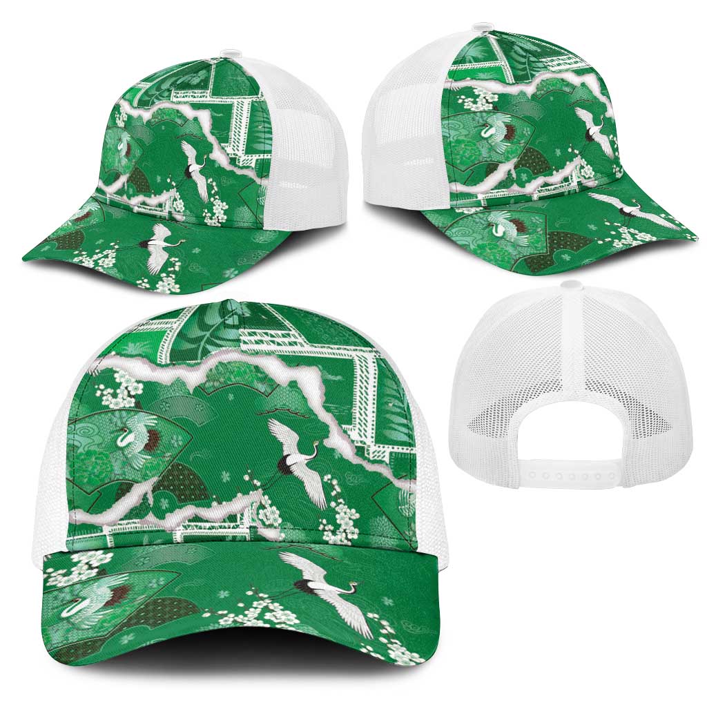 Hawaii Japanese Culture Green Mesh Trucker Cap Spring Cranes Aloha Pattern LT01 - Polynesian Pride