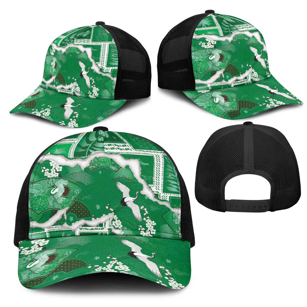 Hawaii Japanese Culture Green Mesh Trucker Cap Spring Cranes Aloha Pattern LT01 - Polynesian Pride