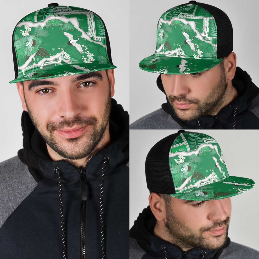Hawaii Japanese Culture Green Mesh Trucker Cap Spring Cranes Aloha Pattern LT01 - Polynesian Pride