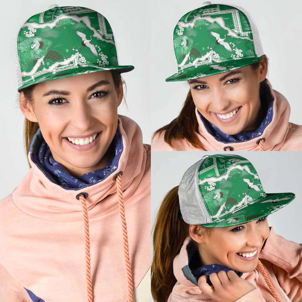 Hawaii Japanese Culture Green Mesh Trucker Cap Spring Cranes Aloha Pattern LT01 - Polynesian Pride