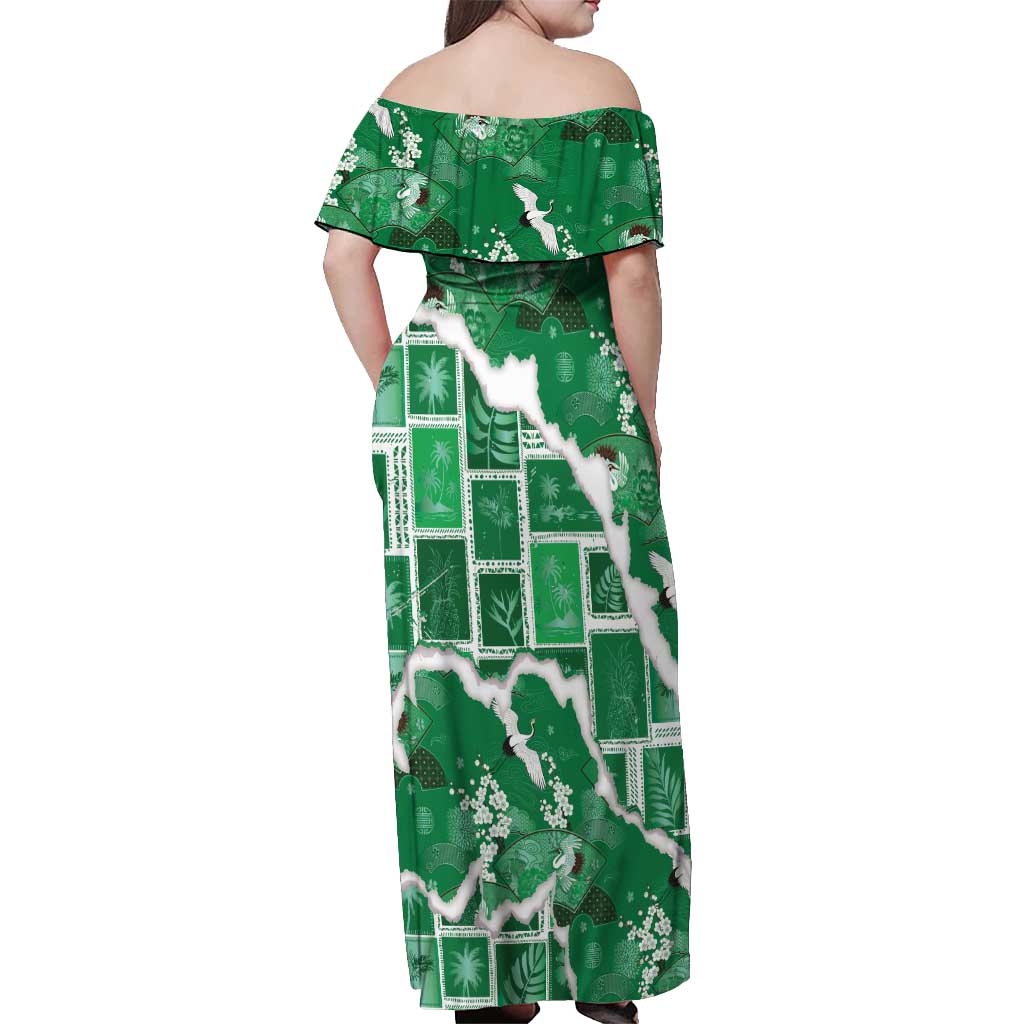 Hawaii Japanese Culture Green Off Shoulder Maxi Dress Spring Cranes Aloha Pattern LT01 - Polynesian Pride
