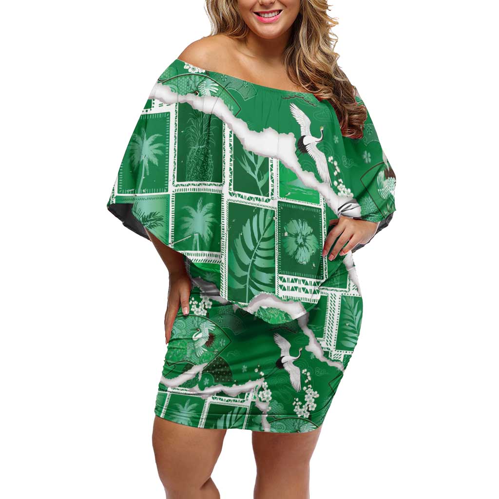 Hawaii Japanese Culture Green Off Shoulder Short Dress Spring Cranes Aloha Pattern