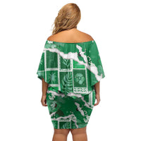 Hawaii Japanese Culture Green Off Shoulder Short Dress Spring Cranes Aloha Pattern