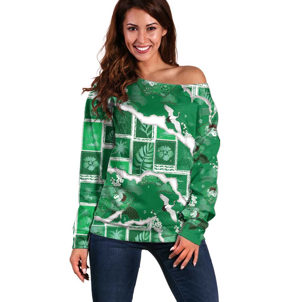 Hawaii Japanese Culture Green Off Shoulder Sweater Spring Cranes Aloha Pattern LT01 Women Green - Polynesian Pride