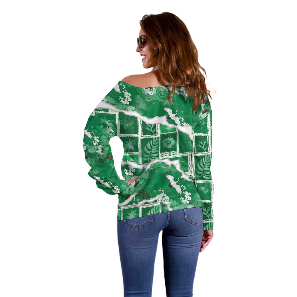 Hawaii Japanese Culture Green Off Shoulder Sweater Spring Cranes Aloha Pattern LT01 - Polynesian Pride