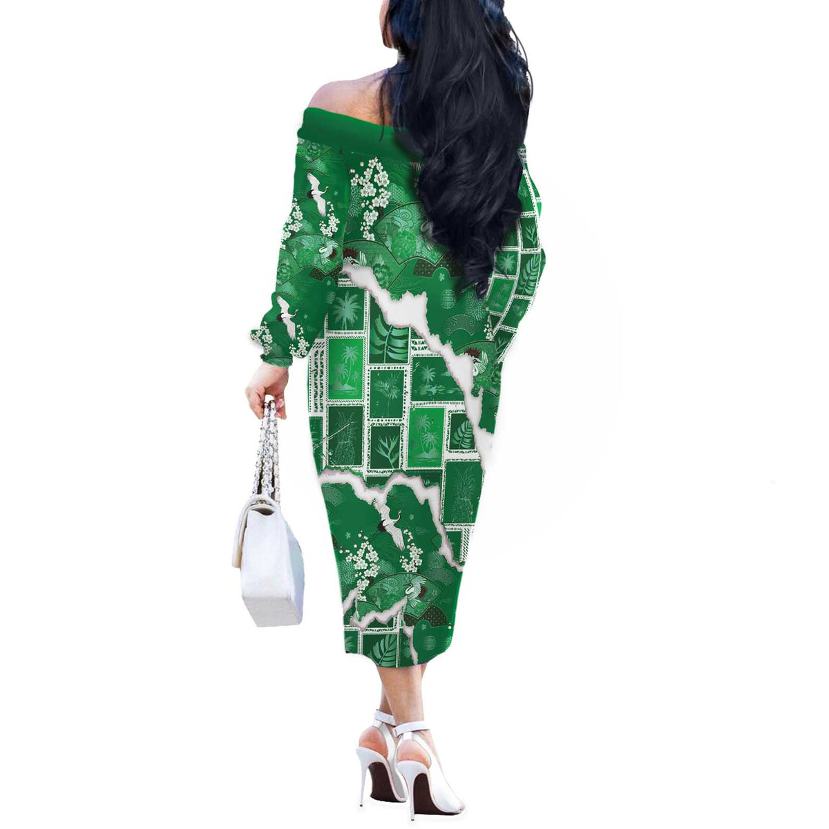 Hawaii Japanese Culture Green Off The Shoulder Long Sleeve Dress Spring Cranes Aloha Pattern LT01 - Polynesian Pride