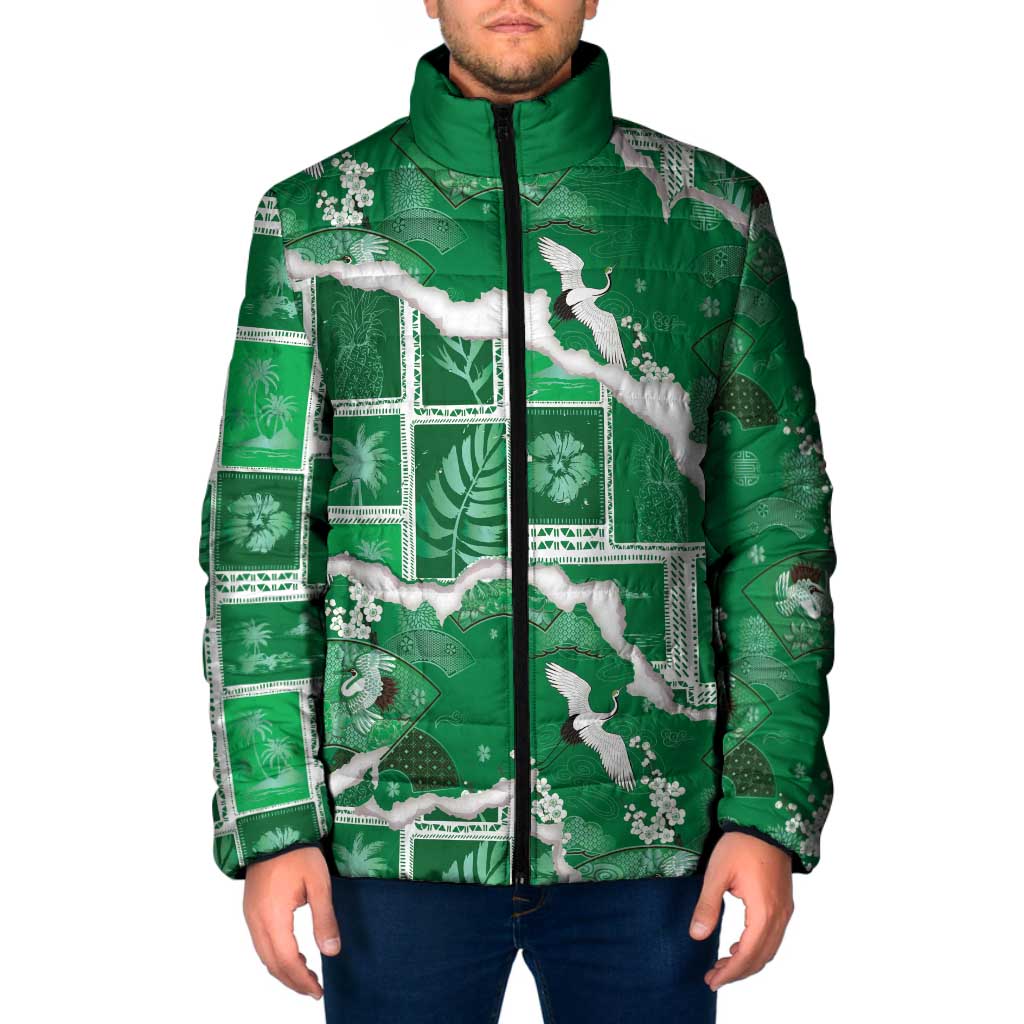 Hawaii Japanese Culture Green Padded Jacket Spring Cranes Aloha Pattern LT01 Men Green - Polynesian Pride