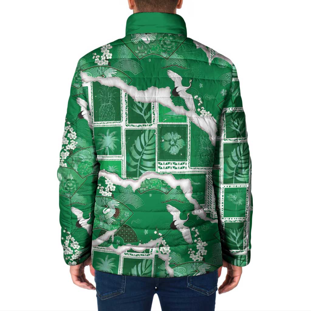 Hawaii Japanese Culture Green Padded Jacket Spring Cranes Aloha Pattern LT01 - Polynesian Pride