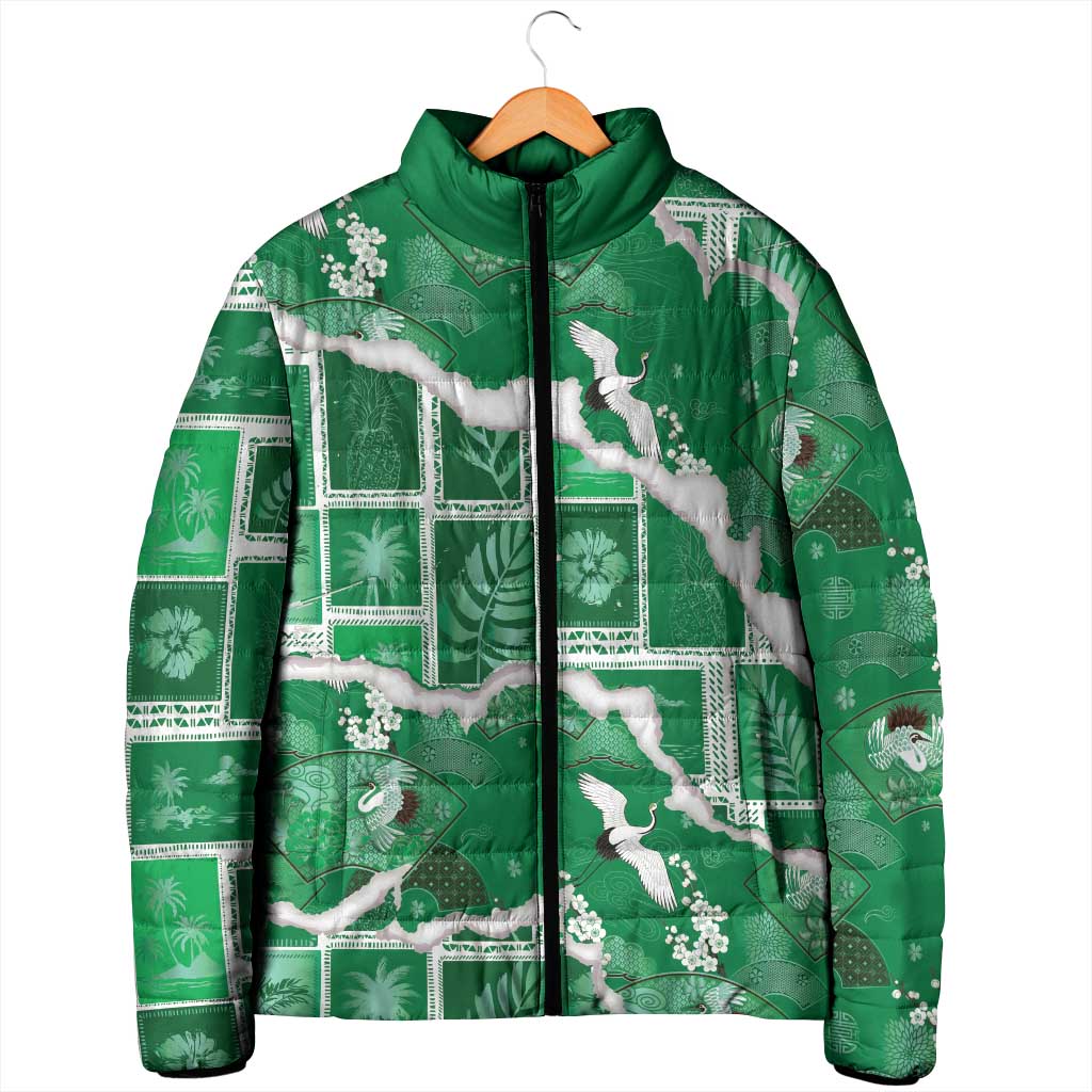 Hawaii Japanese Culture Green Padded Jacket Spring Cranes Aloha Pattern LT01 - Polynesian Pride