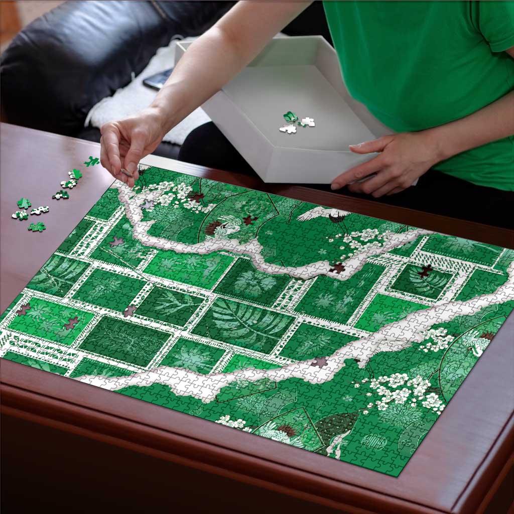 Hawaii Japanese Culture Green Puzzle Spring Cranes Aloha Pattern LT01 - Polynesian Pride