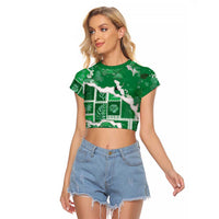 Hawaii Japanese Culture Green Raglan Cropped T Shirt Spring Cranes Aloha Pattern LT01 Female Green - Polynesian Pride