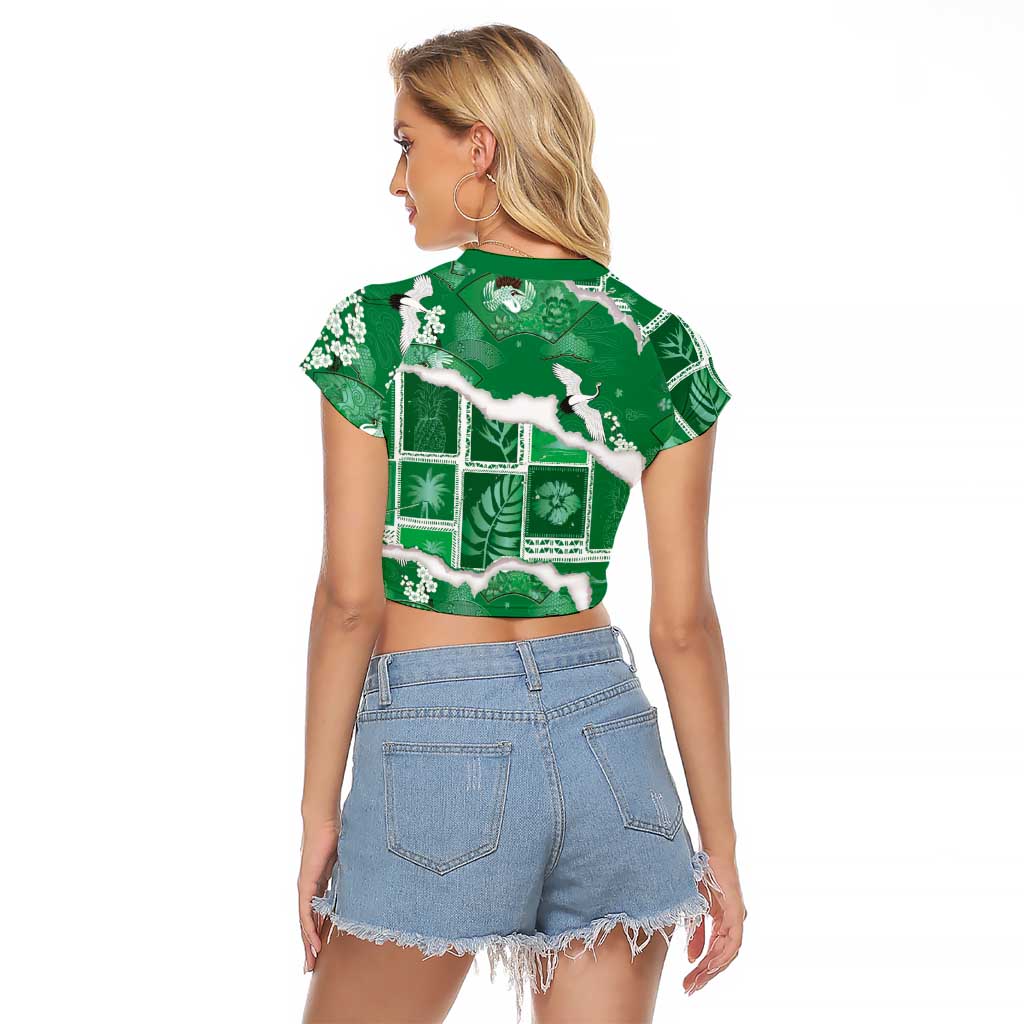 Hawaii Japanese Culture Green Raglan Cropped T Shirt Spring Cranes Aloha Pattern LT01 - Polynesian Pride