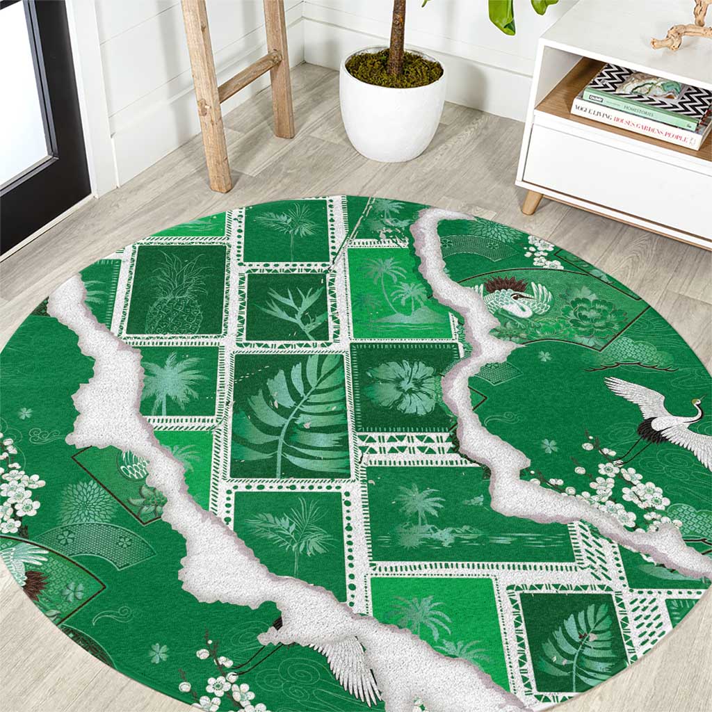 Hawaii Japanese Culture Green Round Carpet Spring Cranes Aloha Pattern LT01 Green - Polynesian Pride