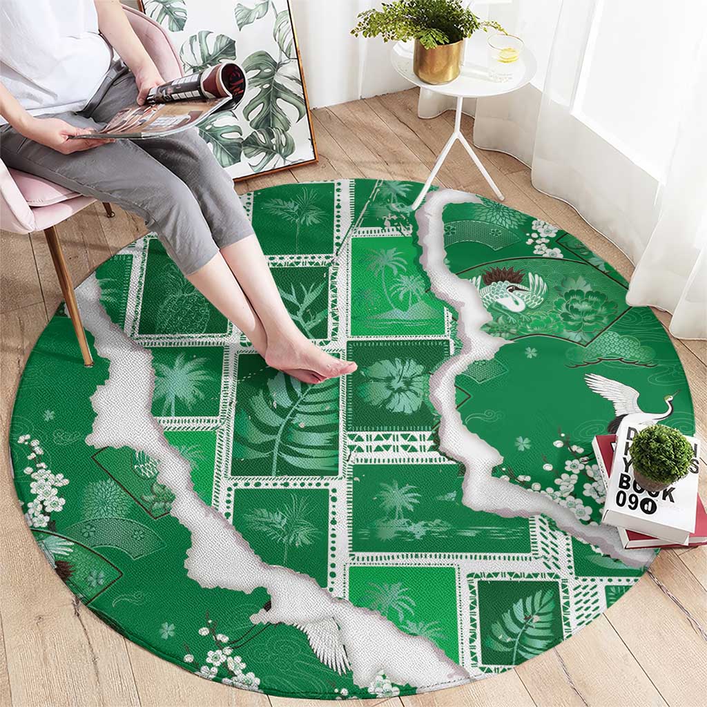 Hawaii Japanese Culture Green Round Carpet Spring Cranes Aloha Pattern LT01 - Polynesian Pride