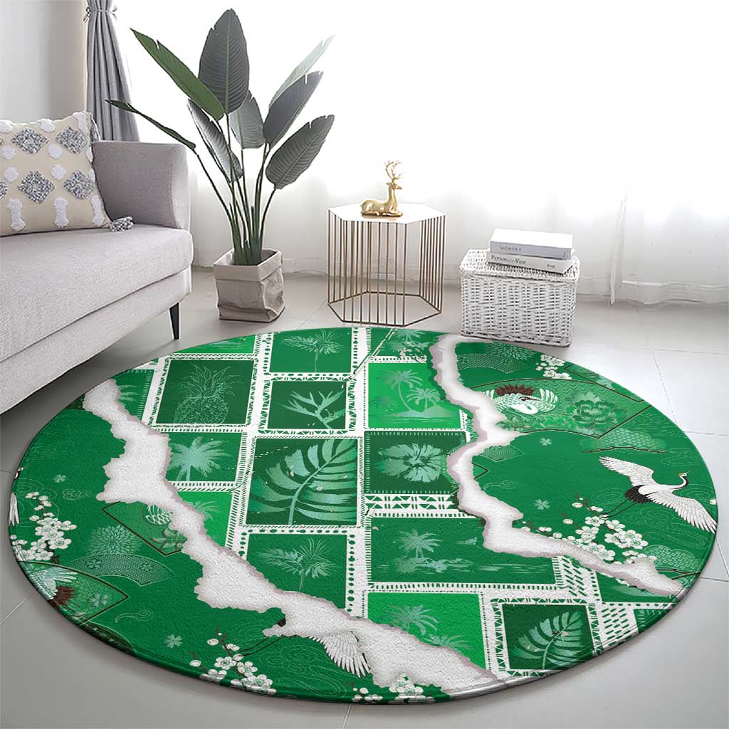 Hawaii Japanese Culture Green Round Carpet Spring Cranes Aloha Pattern LT01 - Polynesian Pride