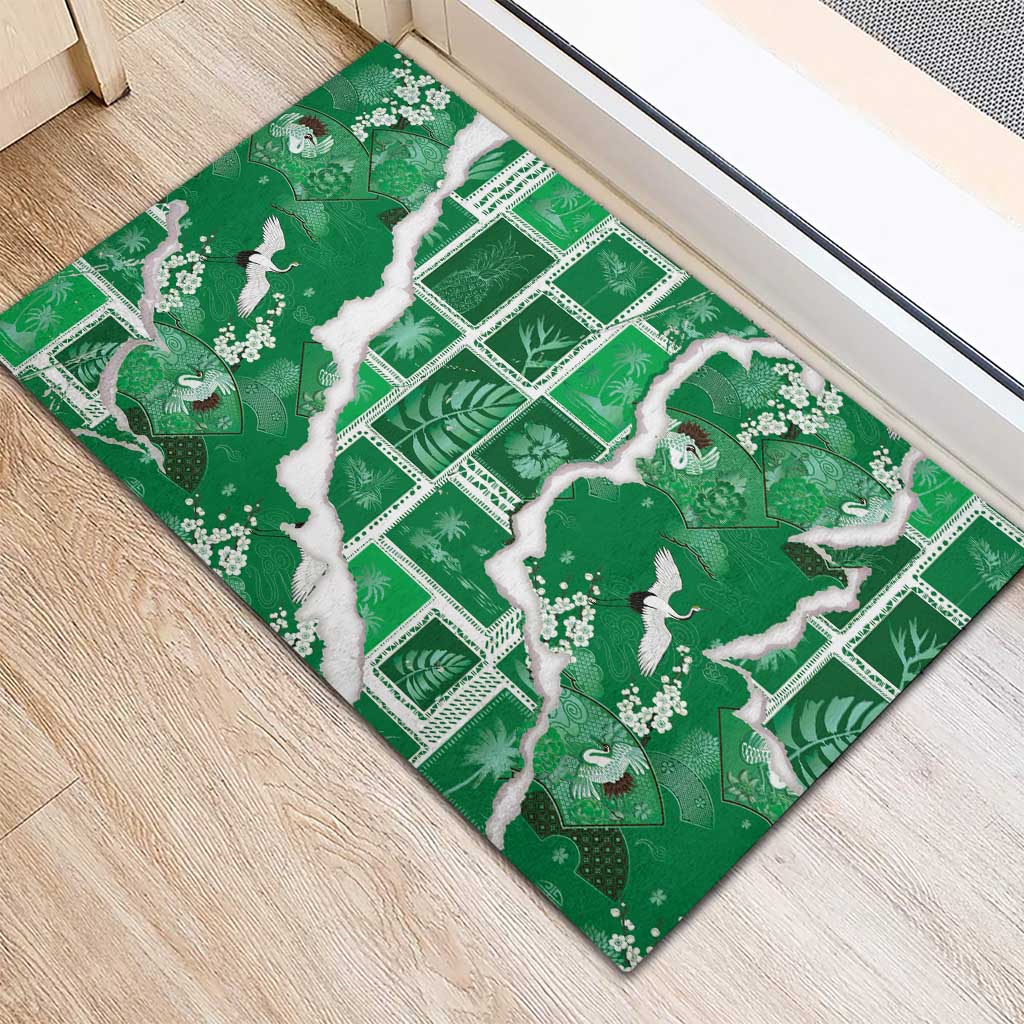 Hawaii Japanese Culture Green Rubber Doormat Spring Cranes Aloha Pattern LT01 - Polynesian Pride