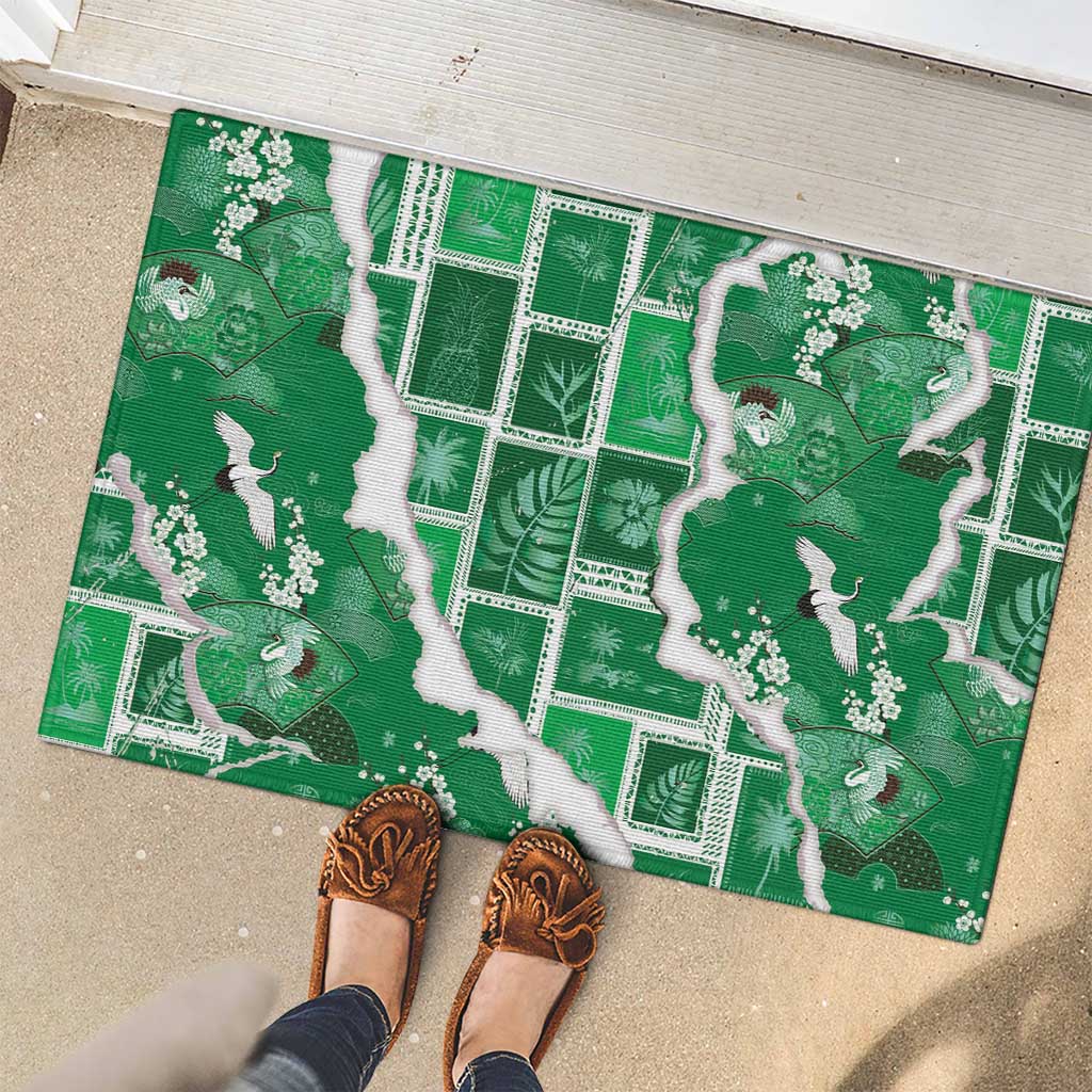 Hawaii Japanese Culture Green Rubber Doormat Spring Cranes Aloha Pattern LT01 - Polynesian Pride