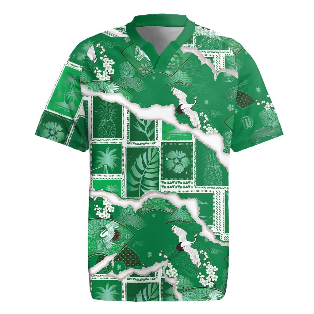 Hawaii Japanese Culture Green Rugby Jersey Spring Cranes Aloha Pattern