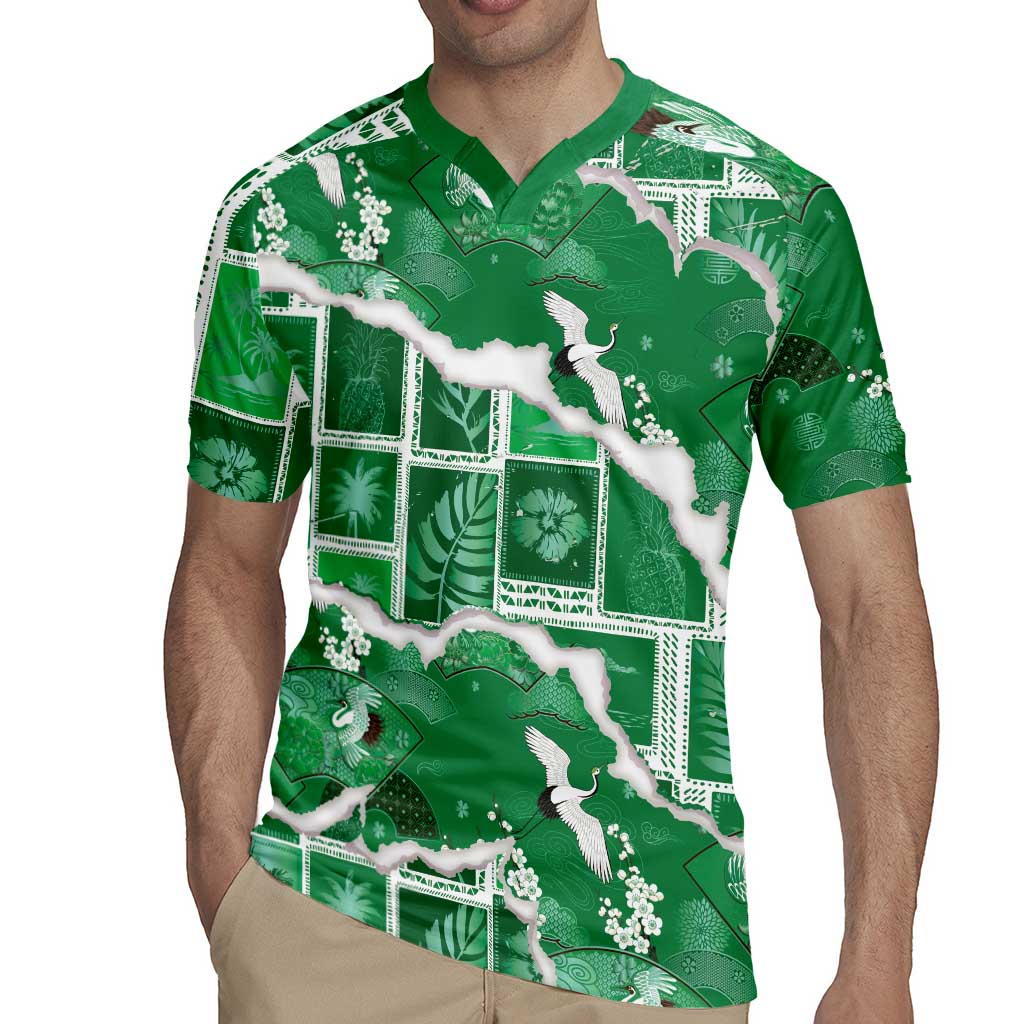Hawaii Japanese Culture Green Rugby Jersey Spring Cranes Aloha Pattern