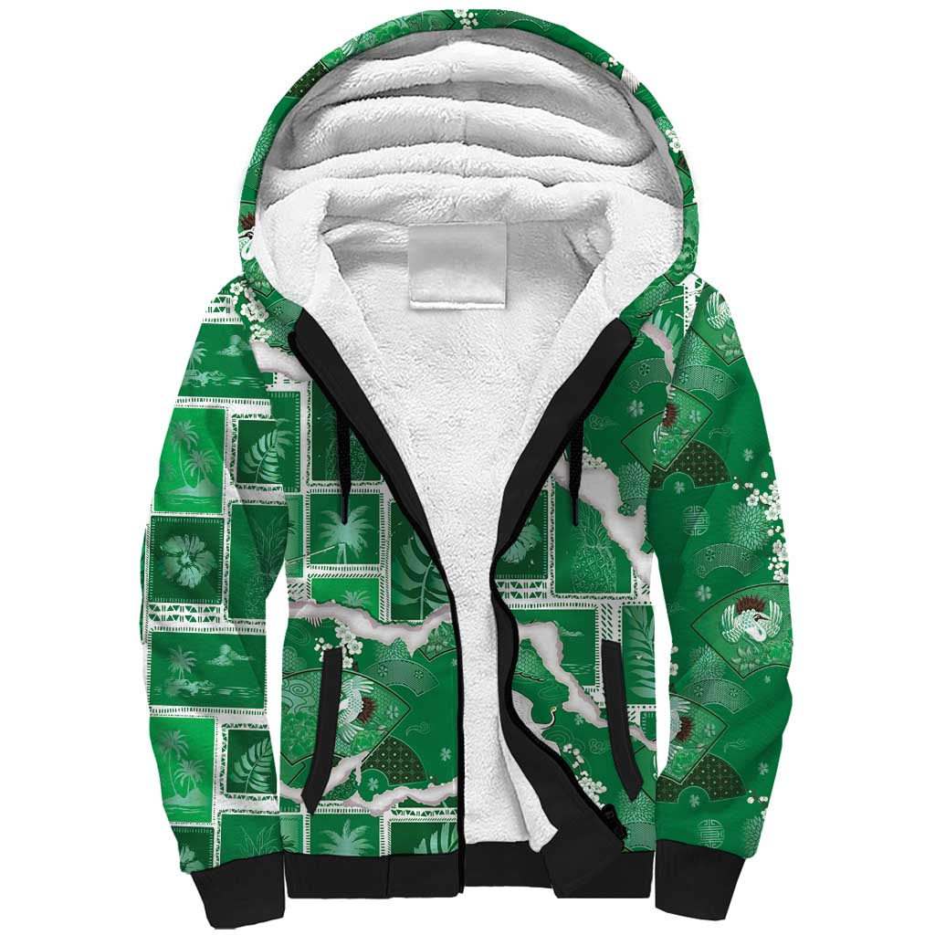 Hawaii Japanese Culture Green Sherpa Hoodie Spring Cranes Aloha Pattern LT01 Unisex Green - Polynesian Pride