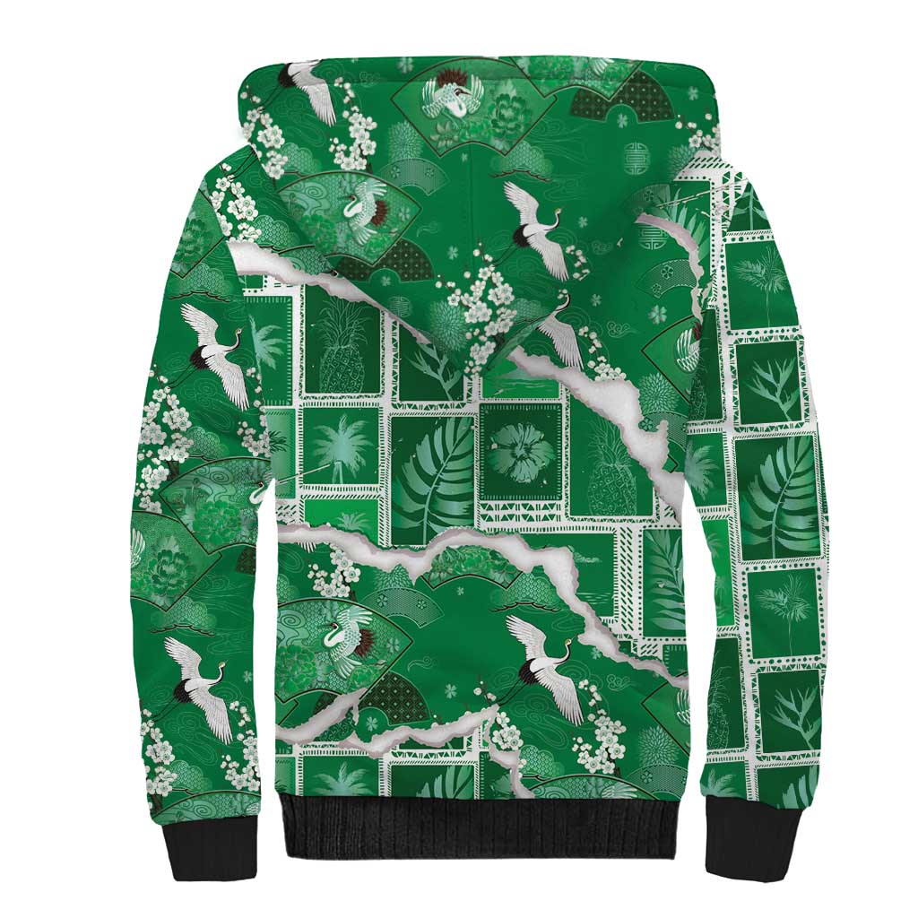 Hawaii Japanese Culture Green Sherpa Hoodie Spring Cranes Aloha Pattern LT01 - Polynesian Pride