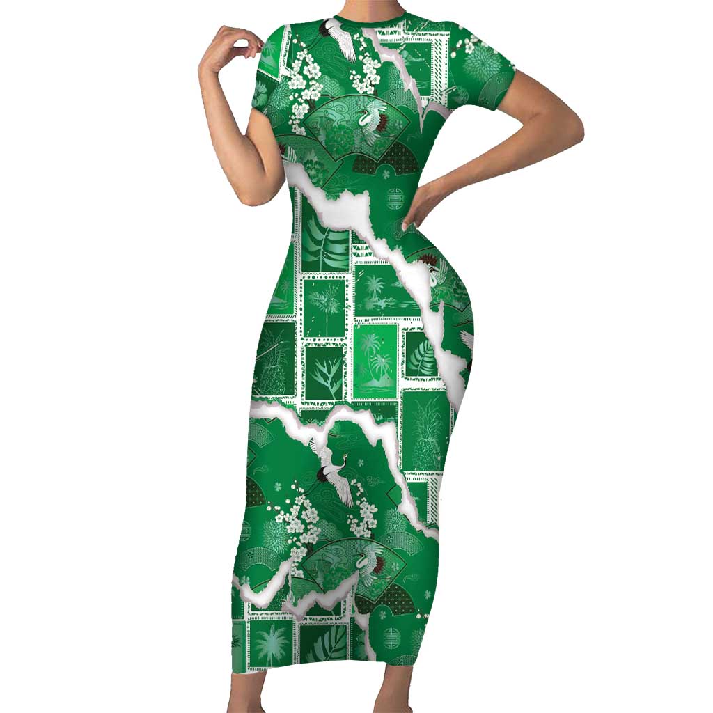 Hawaii Japanese Culture Green Short Sleeve Bodycon Dress Spring Cranes Aloha Pattern LT01 Long Dress Green - Polynesian Pride